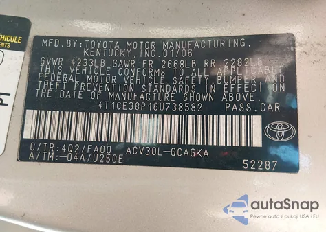 2006 Toyota Camry Solara Sle z USA, uszkodzony, nr VIN 4T1CE38P16U738582